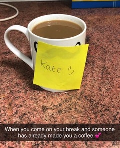 Social media post about feeling good becuse a colleague has made you a brew!